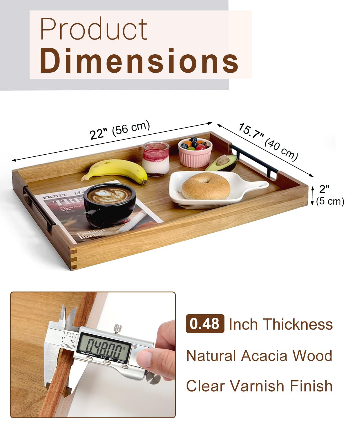 22 inches Acacia Wood Rectangular Ottoman Serving Tray with Metal Handles