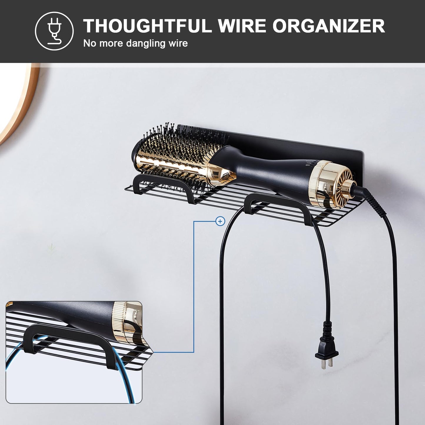 WAYASI Straighteners Holder Wall Mounted Metal Hair Dryer Holder for Curling Wands Accessories Adhesive Curling Iron Holder Hair Tool Organizer for Vanity Bathroom Barber Shops (Black)