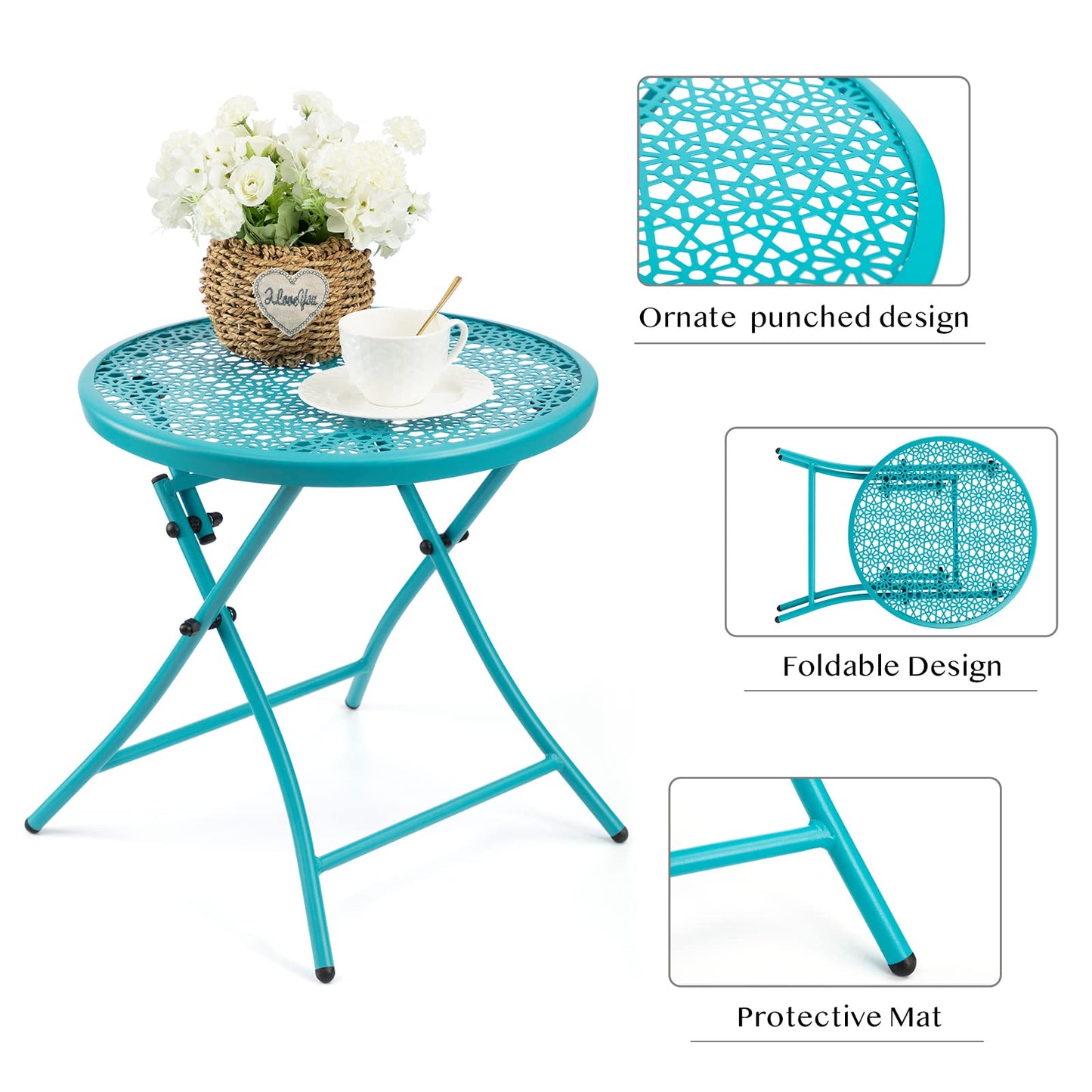 TeoKJ Folding Outdoor Side Tables, Anti Rust Small Patio Table Round Metal Nightstand with Flower Cutouts for Porch Yard Balcony Deck Lawn, Blue