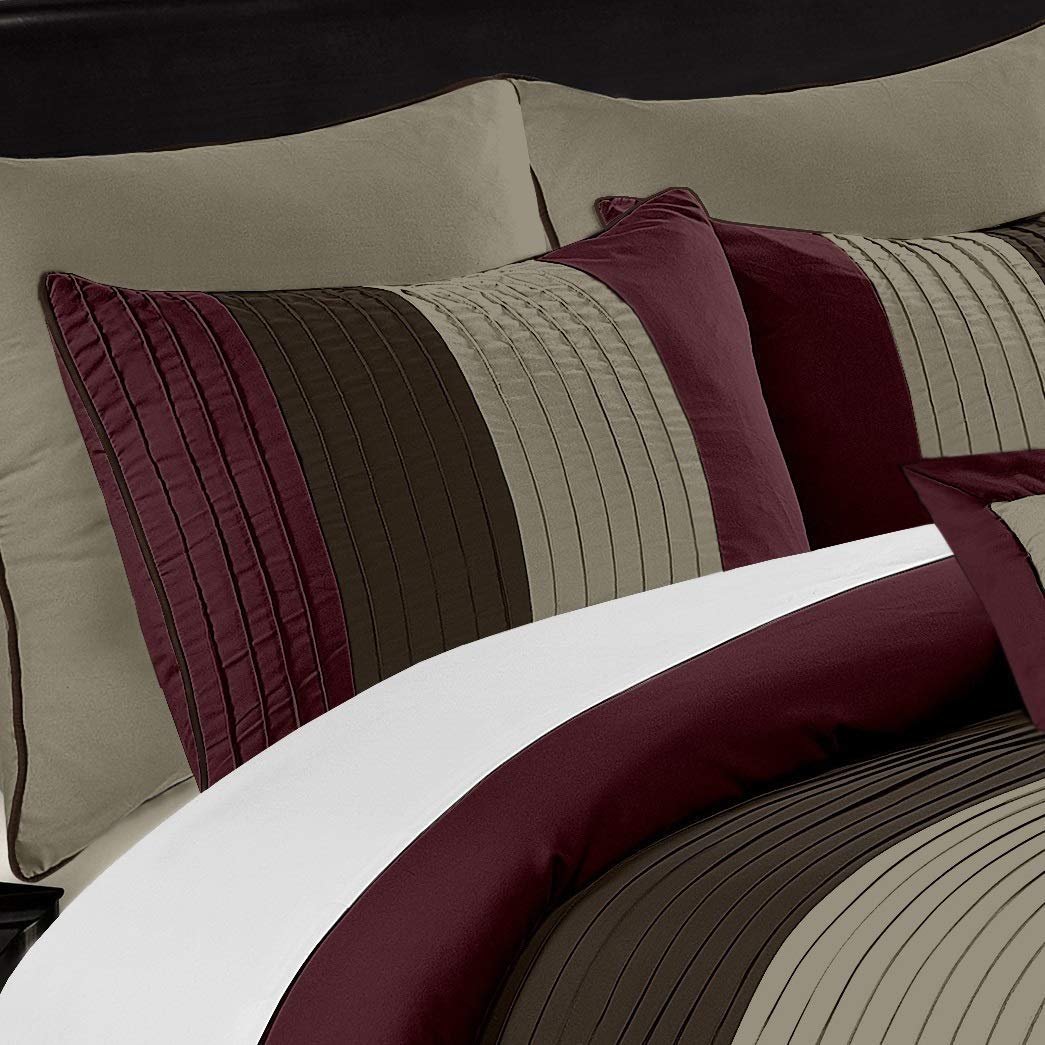 Chezmoi Collection Loft 8-Piece Luxury Striped Comforter Set (Full, Burgundy/Coffee/Brown)