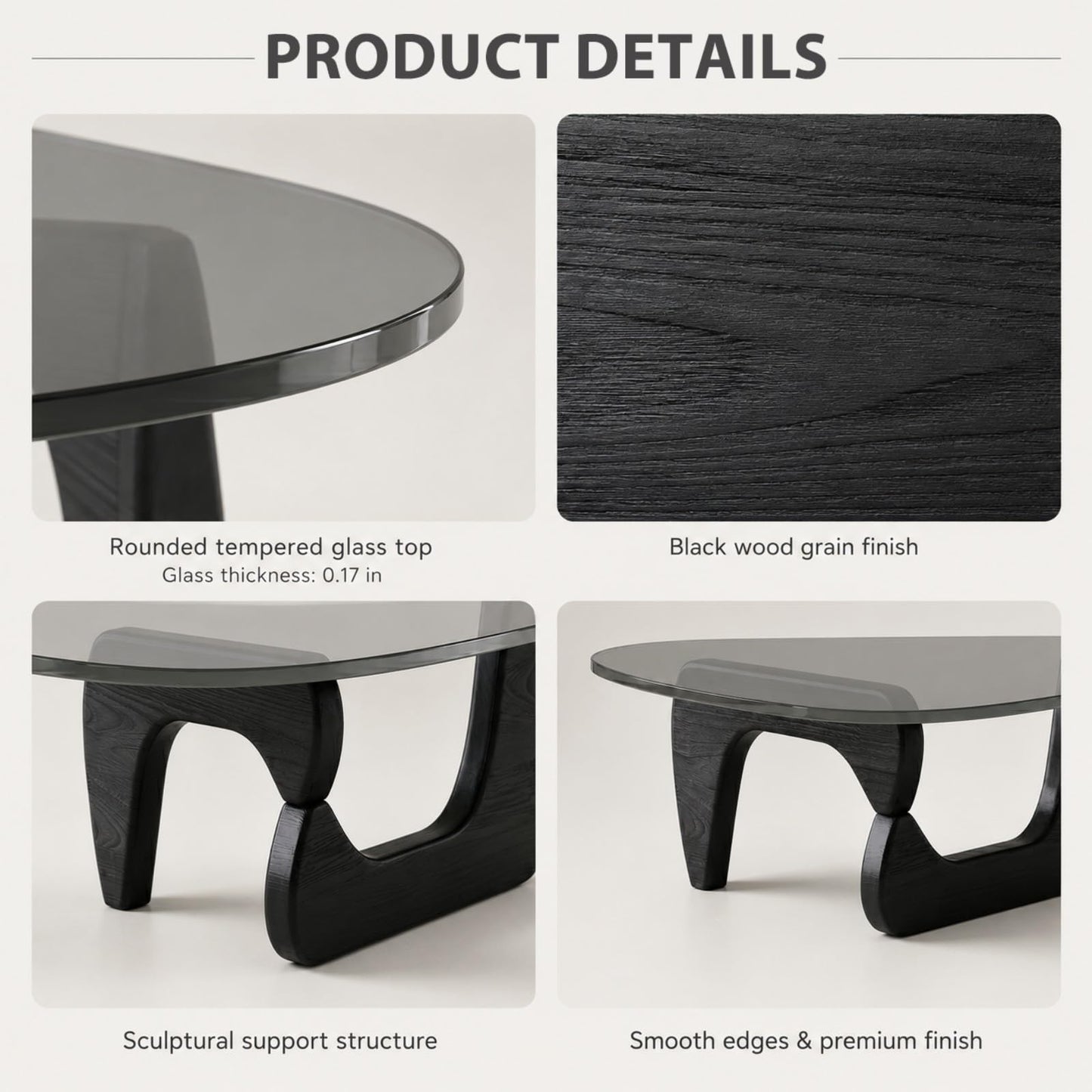 QHRAY Modern Glass Coffee Table, Black Wood Grain Base, Gray Tempered Glass Top, 32" Center Table, Black Coffee Table for Living Room Apartment Office Lounge Reception Bedroom