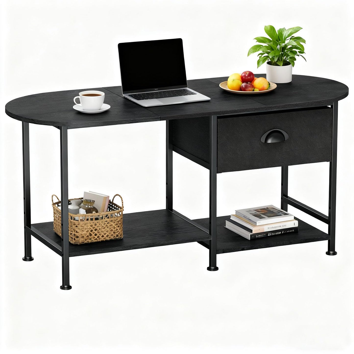 37" Oval Small Coffee Table with Storage,Modern Wood Living Room Center Table for Small Space,Apartment,Home Office,Drawer & Open Shelves,Easy Assembly,Black