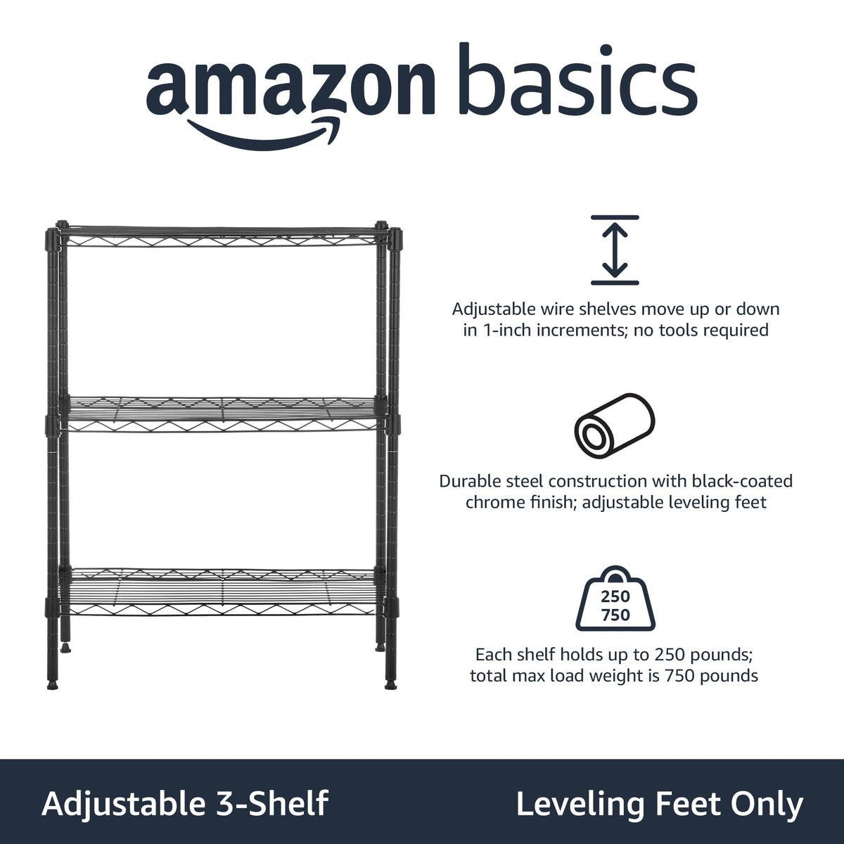 Amazon Basics 3-Shelf Adjustable Heavy Duty Steel Wire Rack Storage Shelving Organizer with Storage Space, Versatility and Ease of Use for Kitchen, Garage, 23.2" L x 13.4" W x 30" H, Black