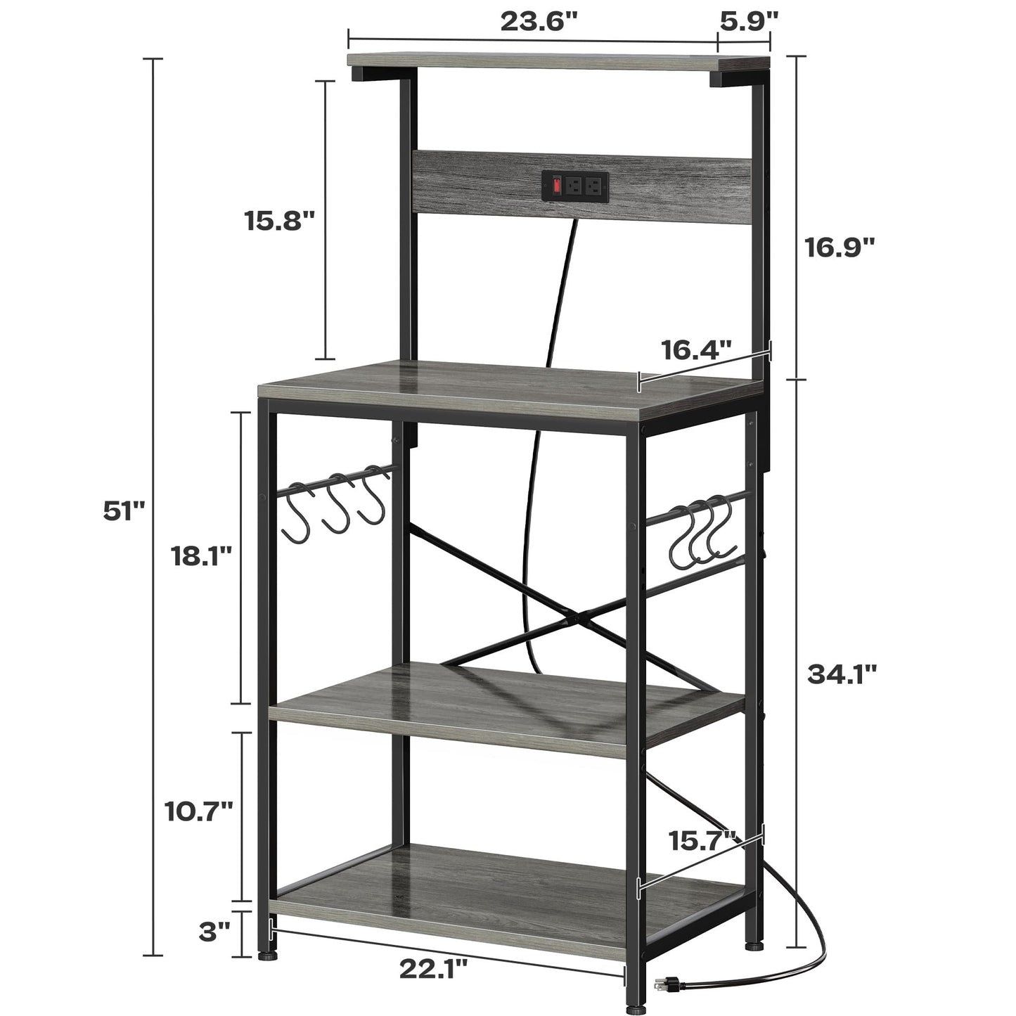 SUPERJARE Kitchen Bakers Rack with Power Outlet, Coffee Bar Table 4 Tiers, Kitchen Microwave Stand with 6 S-Shaped Hooks, Storage Shelf Rack for Spices, Pots and Pans - Charcoal Gray
