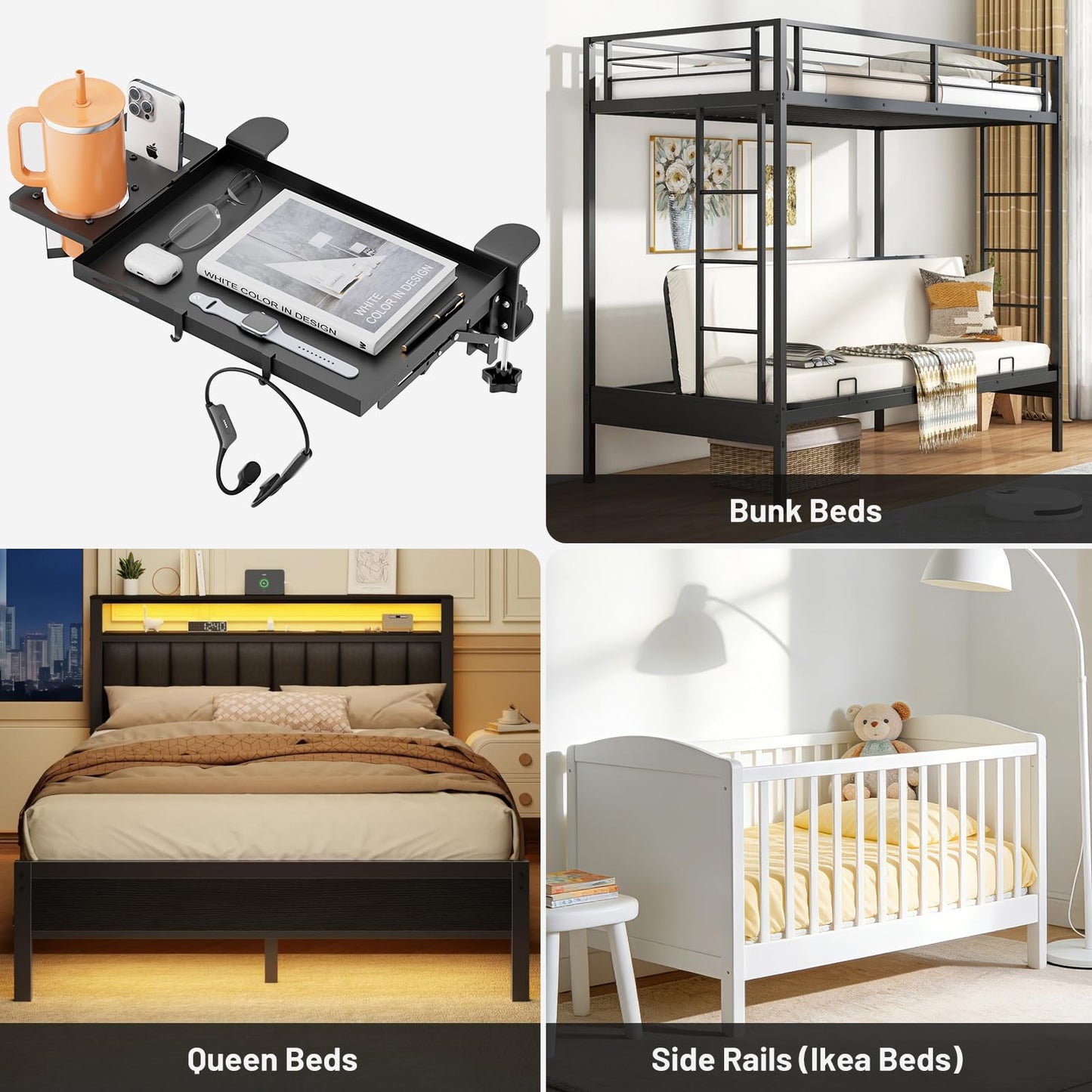 Bedside Shelf Foldable, Metal Clip-On Table Shelf for Dorm Room Bunk Bed & Top Bunk, College Dorm Room Essentials, Bedside Caddy, Floating Desk Tray, Bed Side Table Storage, Loft Nightstand Decor