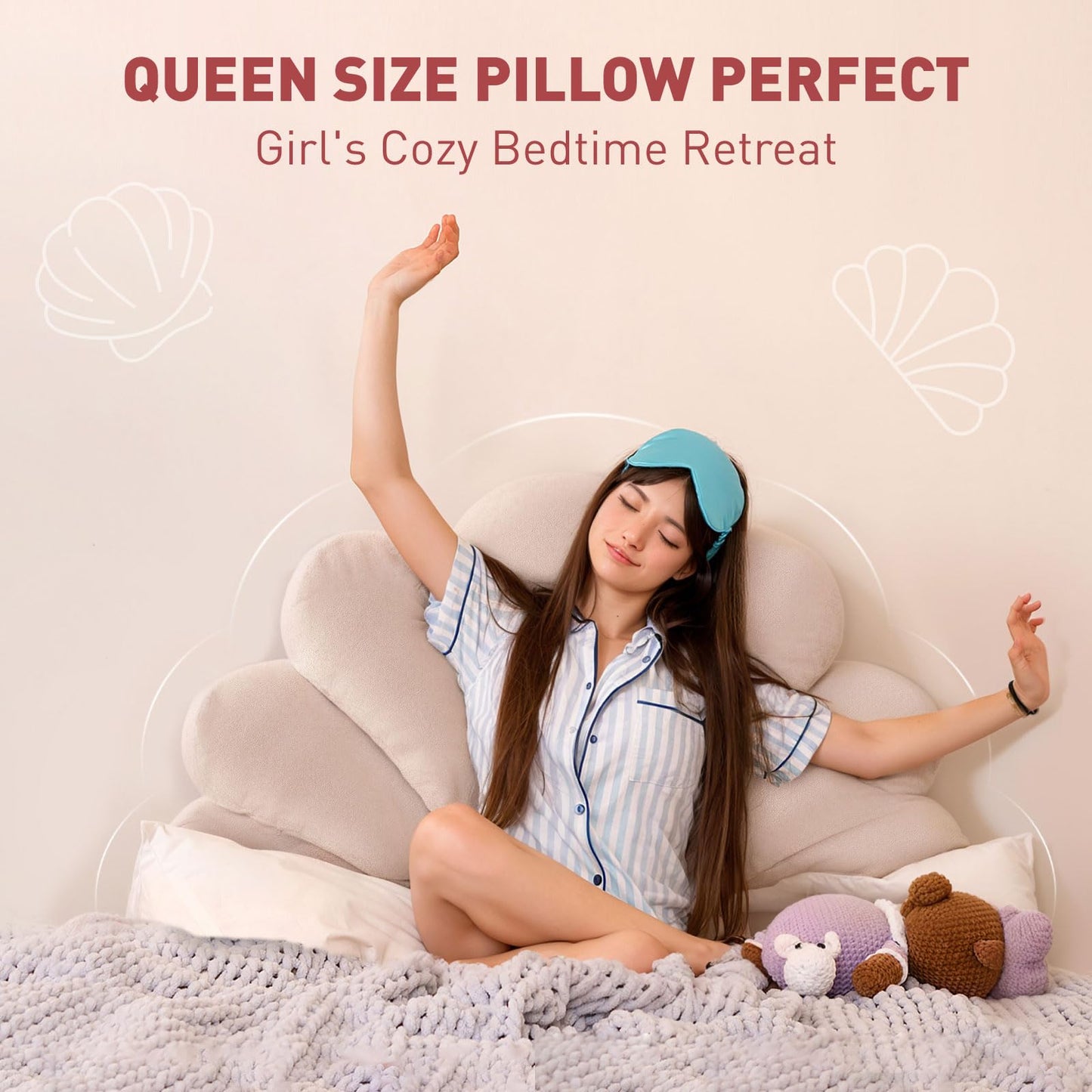 Rucener Queen Size Seashell Headboard Cushion, Soft PP Cotton Filled Upholstered Shell Headboard Pillow, Aesthetic Scalloped Wall Panel Free Standing, Coastal Decor for Teen Grils Bedroom (Pink)