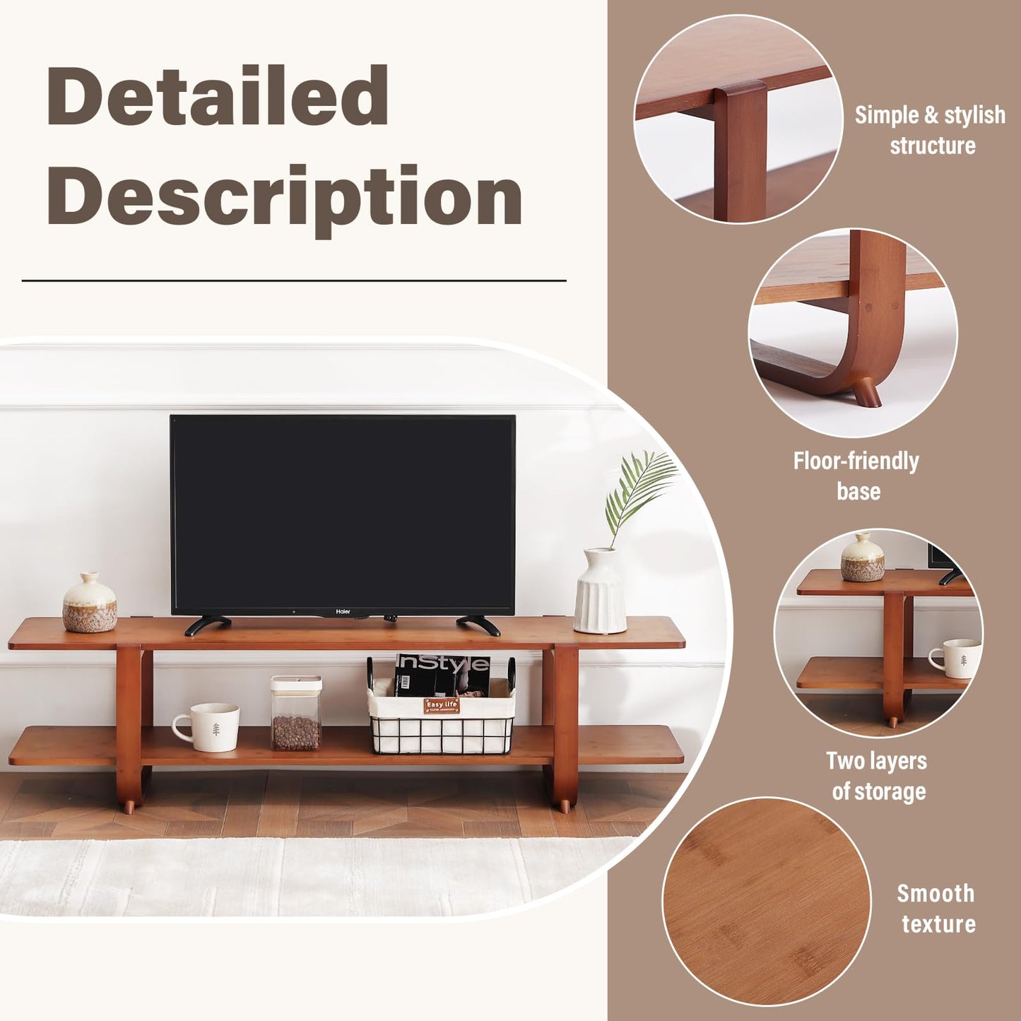 Welnow Low Bamboo TV Stand for Up to 65 Inch, Small Mid Century Modern Entertainment Center with 2-Tier Open Shelves, Walnut Media Console Table for Living Room, Bedroom