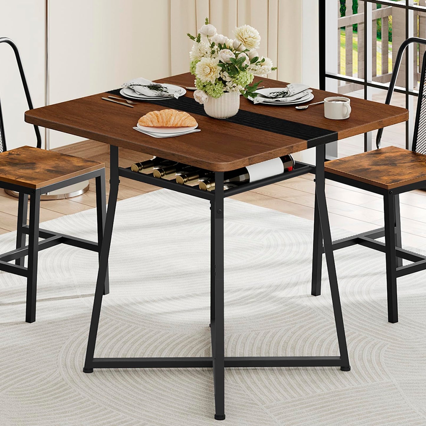 YATINEY Dining Table, 29.5'' Kitchen Table, Dining Room Table with Wine Rack, Versatile Small Dining Table, Easy Assembly, for Restaurant, Cafe, Apartment, Black and Walnut CZ02BH