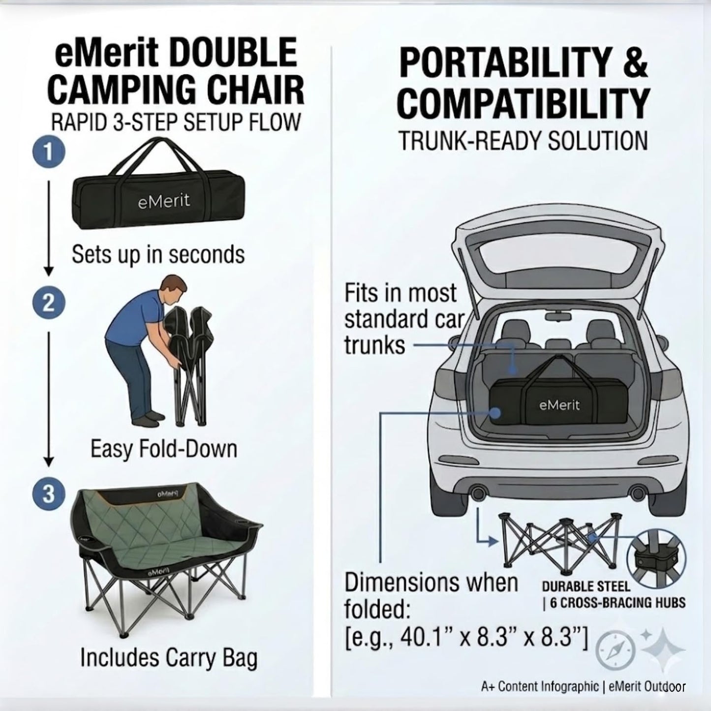 EMERIT Oversized Fully Padded Camping Chair, Heavy Duty 650LB Folding Camping Loveseat, Quad Fold Double Camping Couch with Cup Holders & Carry Bag for Outdoor, Lawn, Sports Events Black