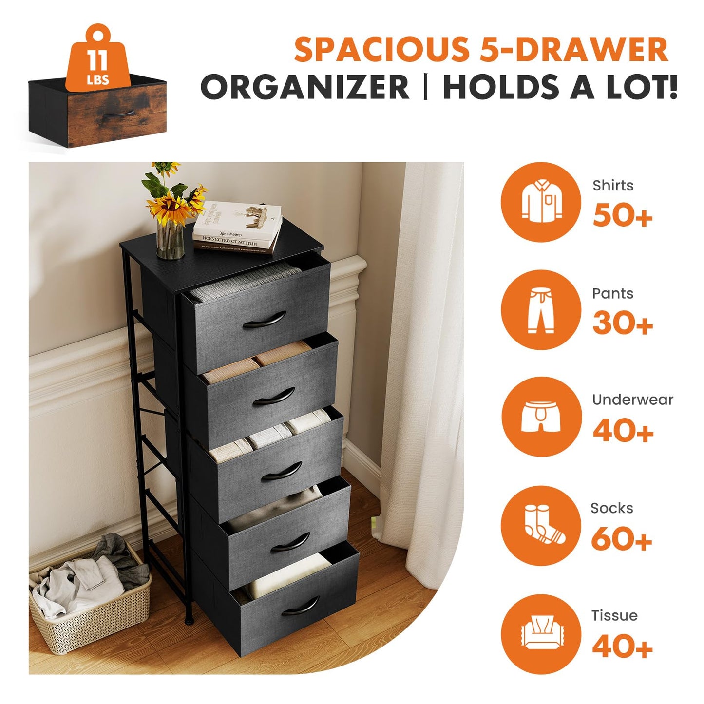 Sweetcrispy 5 Drawer Dresser with Fabric Bins Steel Frame Wood top Storage Chest for Bedroom Closet Hallway Gray Compact Organizer Durable Home Storage Solution