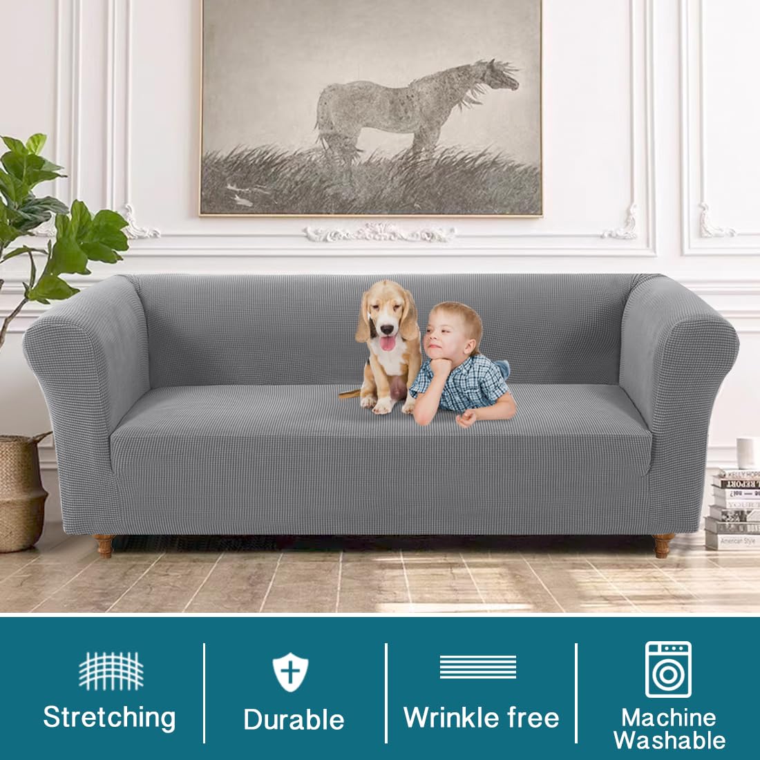 Turquoize Stretch Chesterfield Sofa Covers for Living Room Soft Sofa Couch Covers for 3 Cushion Couch Non-Slip Sofa Slipcover for Dogs Pet Furniture Protector Feature Jacquard Fabric (Sofa, Dove)