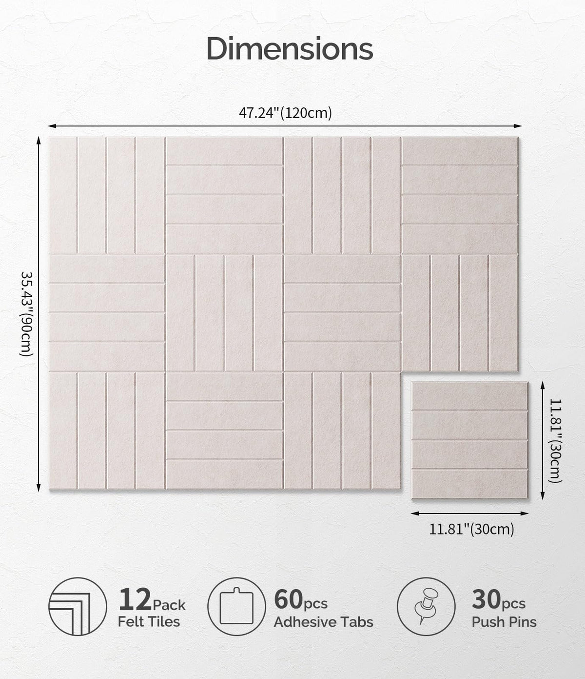 Bounmer Large Cork Board Alternative 48“ x 36”, 12-Pack Felt Bulletin Board Tiles with 60 Safe Removable Adhesive Tabs & 30 Pushpins, Cork Boards for Office Walls Decor (Oatmeal)