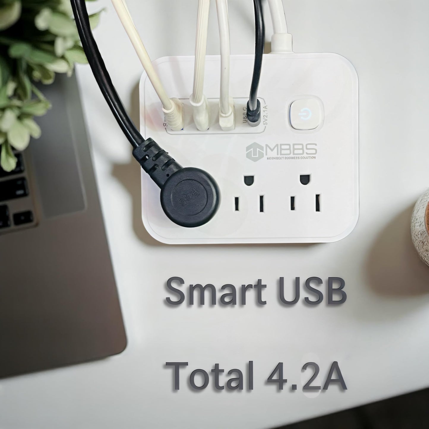 Surge Protector Power Strip with USB C, Heavy Duty Extension Cord – (7-in-1) 3 AC Outlets, 4 USB Ports, LED On/Off Switch – Compact & Travel Friendly – Home, Office. (5ft)