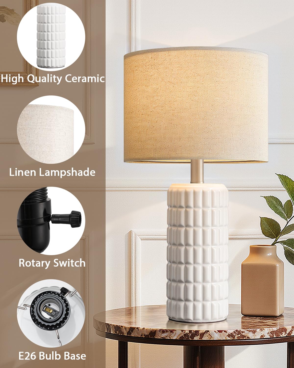 Seealle 23" Modern Ceramic Table Lamps - Table Lamps for Living Room, Farmhouse Bedside Night Stands Lamp for Bedroom, White Boho Nightstand Lamps, Desk Lamp for End Table Home Decor(Single)