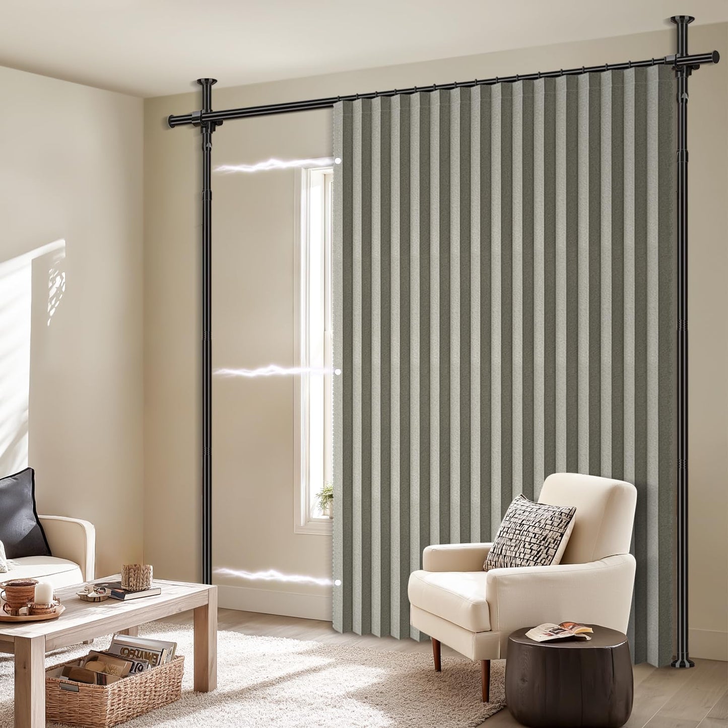 100% Blackout Room Divider Curtains Sets Grey W100 x L84 in 1 Panel No Drill Curtain Rods(H) 43-120×(W) 35-100 in for Bedroom Privacy Partition Separator