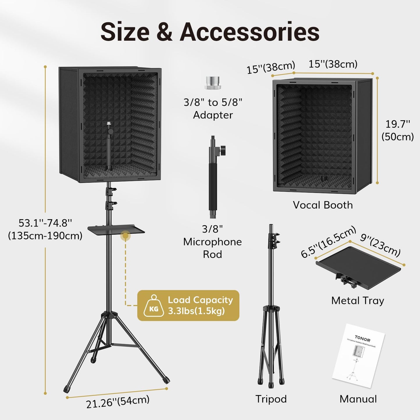 TONOR Microphone Isolation Shield, Professional Mic Shield for Studio with Tripod Stand, Adjustable Height Max 53.1 inch, Sound Proof Box for Singing, Recording Studio Equipment