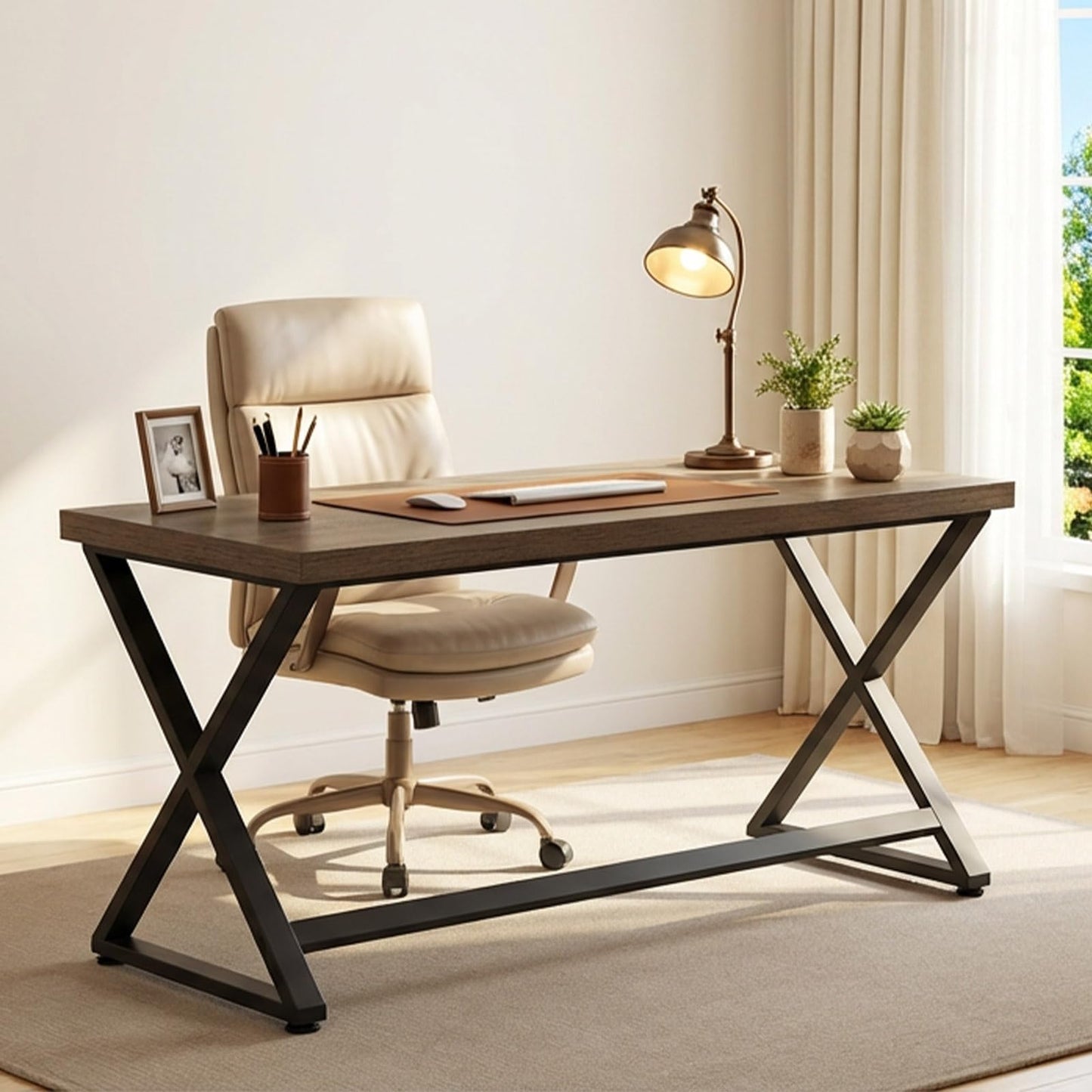 IBF 47 Inch Computer Desk, Rustic Home Office Desk for Writing, Industrial Wood Metal Executive Work Study Desk, Modern Simple PC Gaming Computer Table for Study Workstation, Rustic Oak