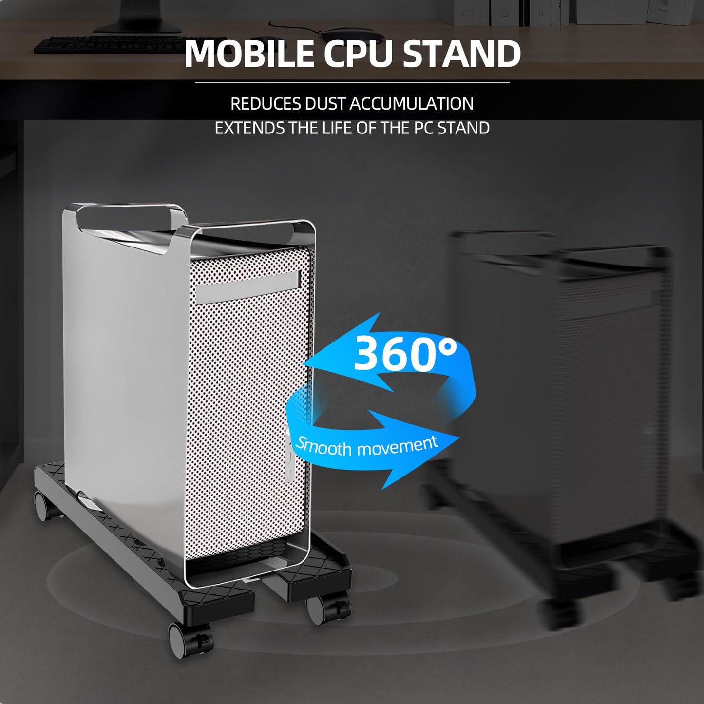 Hovadova Adjustable Mobile CPU Stand, Ventilated Computer Tower Stand with 4 Caster Wheels Fits Most PC Tower, Under Desk CPU Holder PC Floor Cart Computer Riser for Gamers and Students (Large Black)