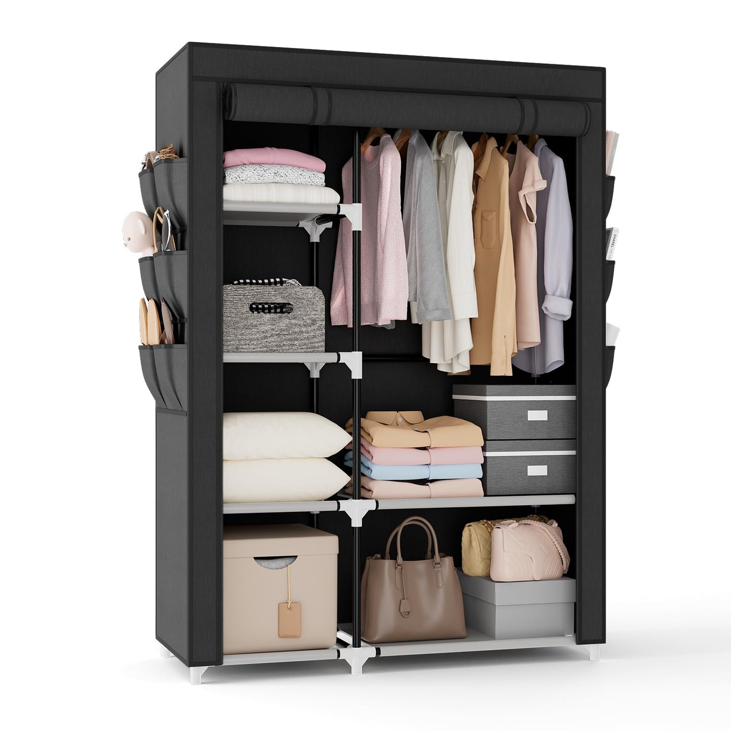 VTRIN Wardrobe Closet, 41.7 Inch Wide Portable Closets for Hanging Clothes with 1 Hanging Rod, 6 Shelves, 6 Pockets, Clothes Rack with Cover Portable Wardrobe Closet for Bedroom, Dorm, Black