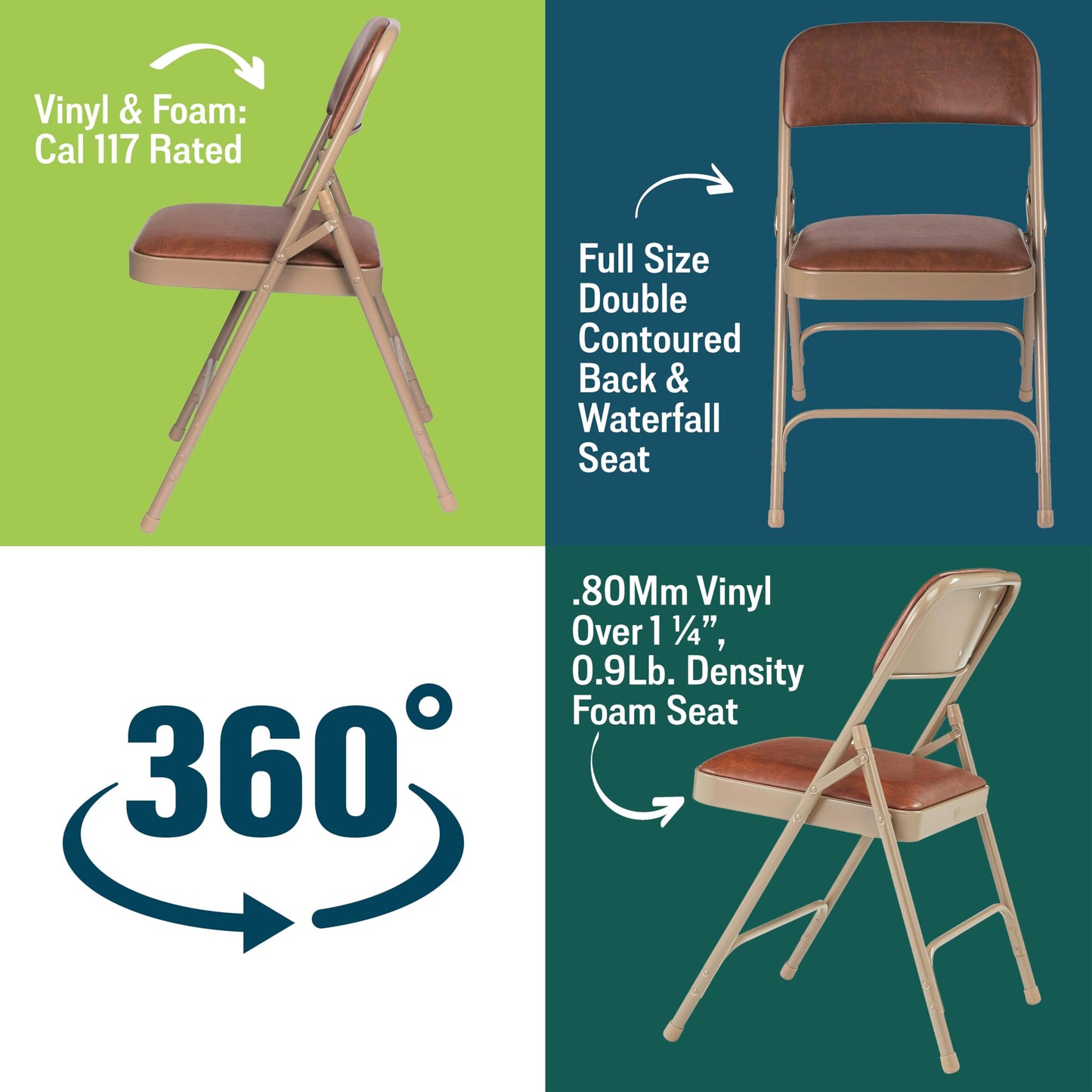 Premium Padded Portable Folding Chairs by National Public Seating – 1200 Series Upholstered, Heavy-Duty Foldable Chairs for Indoor & Outdoor Use – Set of 4, Comfortable & Durable, Honey Brown