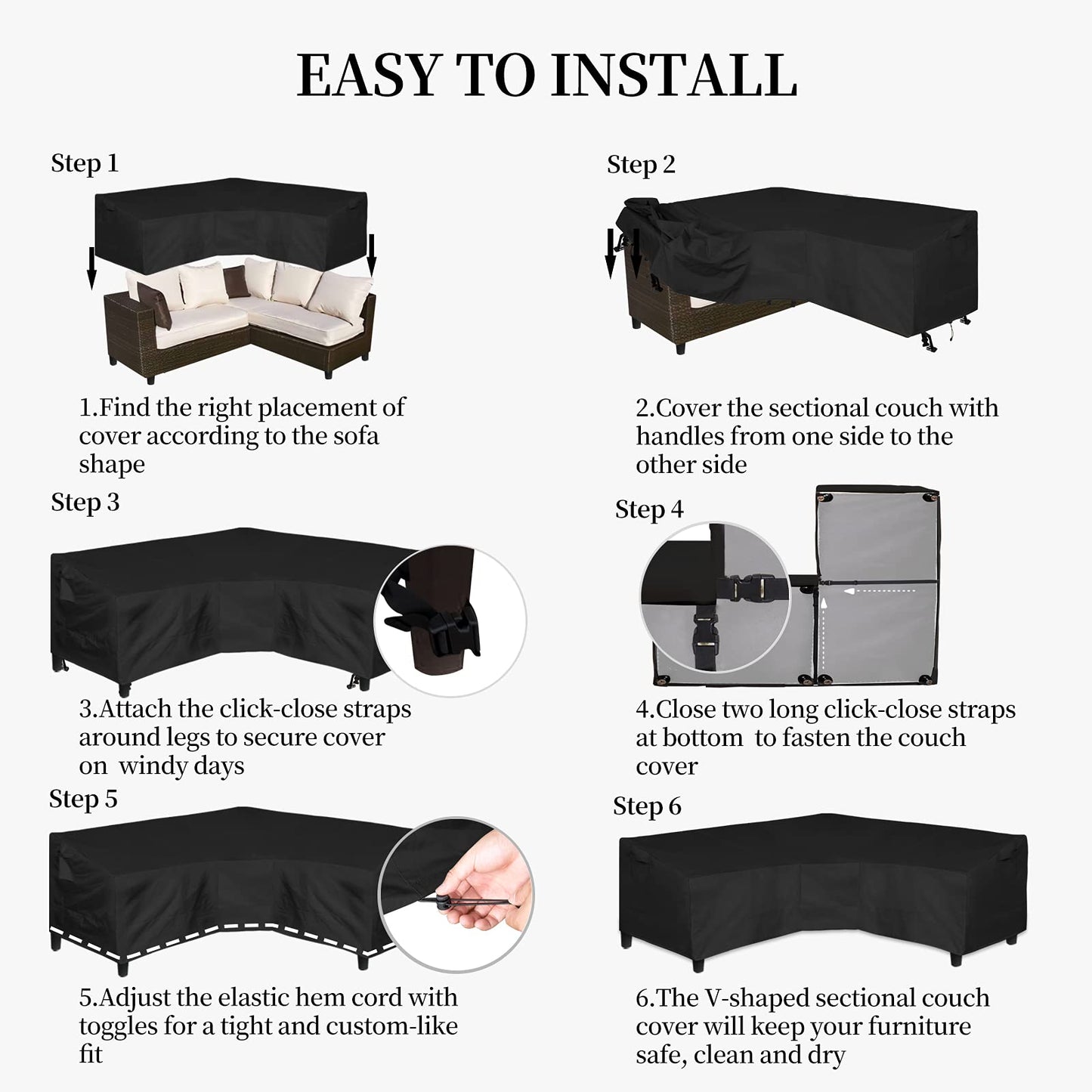 Easy-Going 600D Patio V-Shaped Sectional Sofa Cover, Waterproof Outdoor Sectional Cover,Heavy Duty Garden Furniture Cover with Air Vent 100" L (on Each Side) x 33.5" D x 31" H, Black