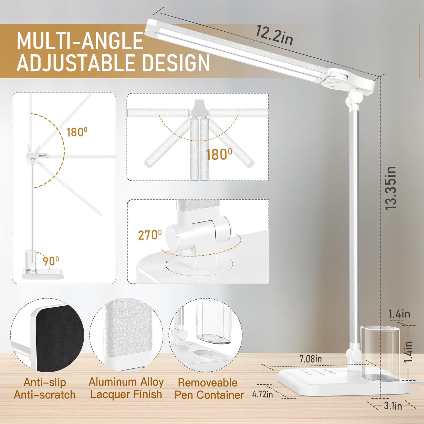 LED Desk Lamp Dimmable Table Lamp with USB Charging Port, 50 Lighting Modes, Adjustable Foldable Dual Swing Arm Architect Desk Lamp for Home Office, Eye-Caring Reading Lamp w/Pen Holder 45min Timer