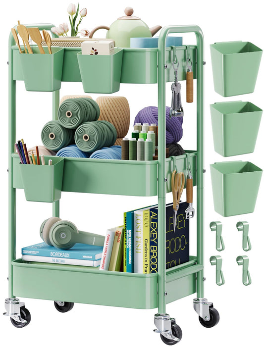 3 Tier Rolling Storage Cart Metal with Wheels, Green Baby Diaper Caddy Carts, Three Tiered Craft Cart Organizer on Wheels, Utility Roller Trolley for Art, Book, Snack, Office, Laundry, Bathroom Shelf