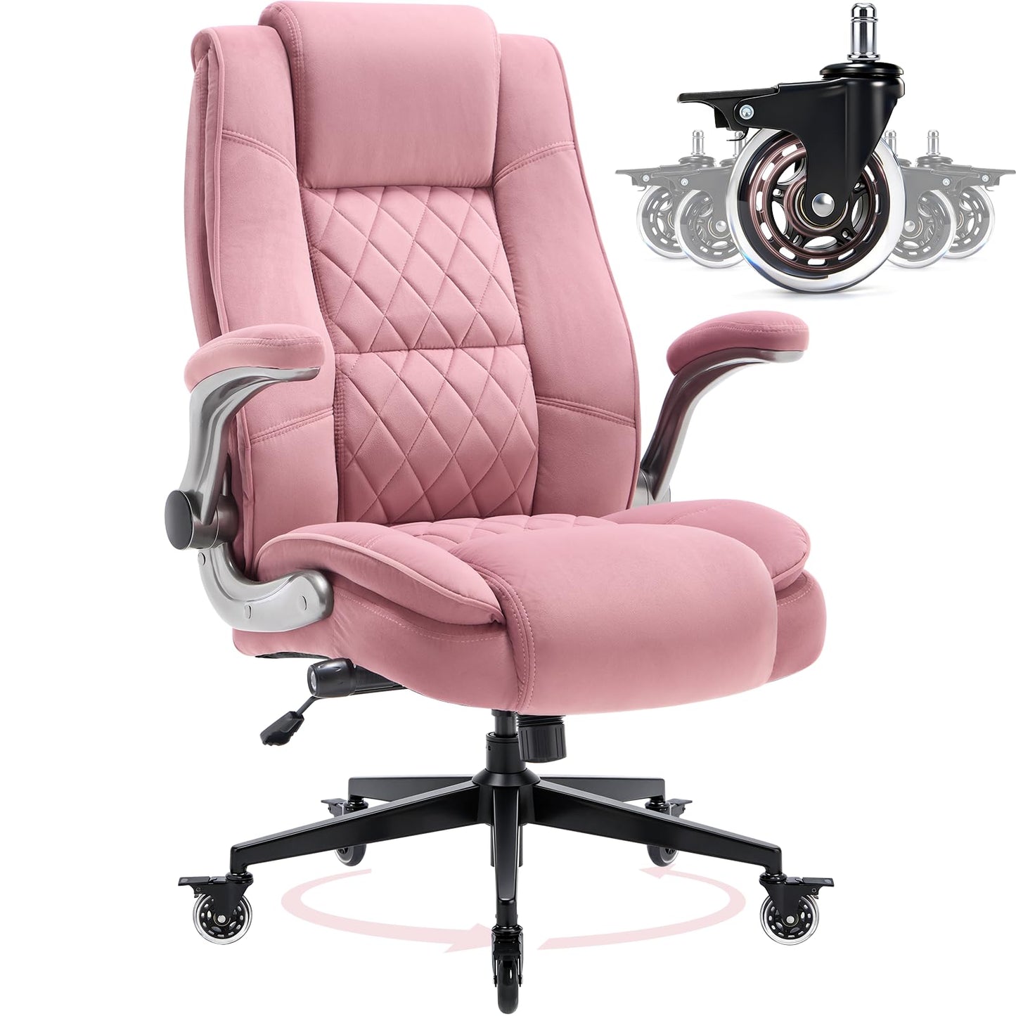 Fabric High Back Office Chair with Lockable Quiet Casters, Thick Padded Ergonomic Computer Chair- Adjustable Lumbar Support & Flip-Up Arms, Wide Executive Desk Chair for Back Pain, 400LBS Capacity