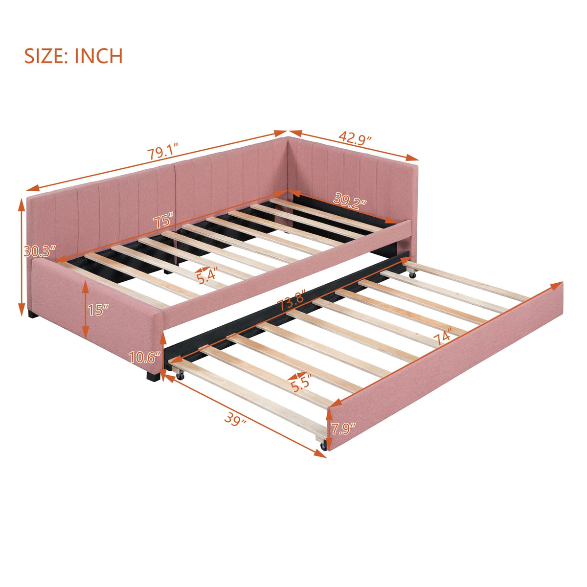 Acosure Twin Size Upholstered Linen Daybed with Twin-Size Trundle,Sofa Bed Frame W/Slat Support and Back & Armrest,No Box Spring Needed,for Apartment,Bedroom,Guest Room,Pink