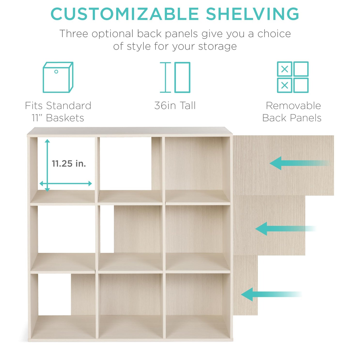 Best Choice Products 9-Cube Storage Organizer, 11in Shelf Opening, Bookcase, Display Shelf, Customizable w/ 3 Removable Back Panels - Whitewash