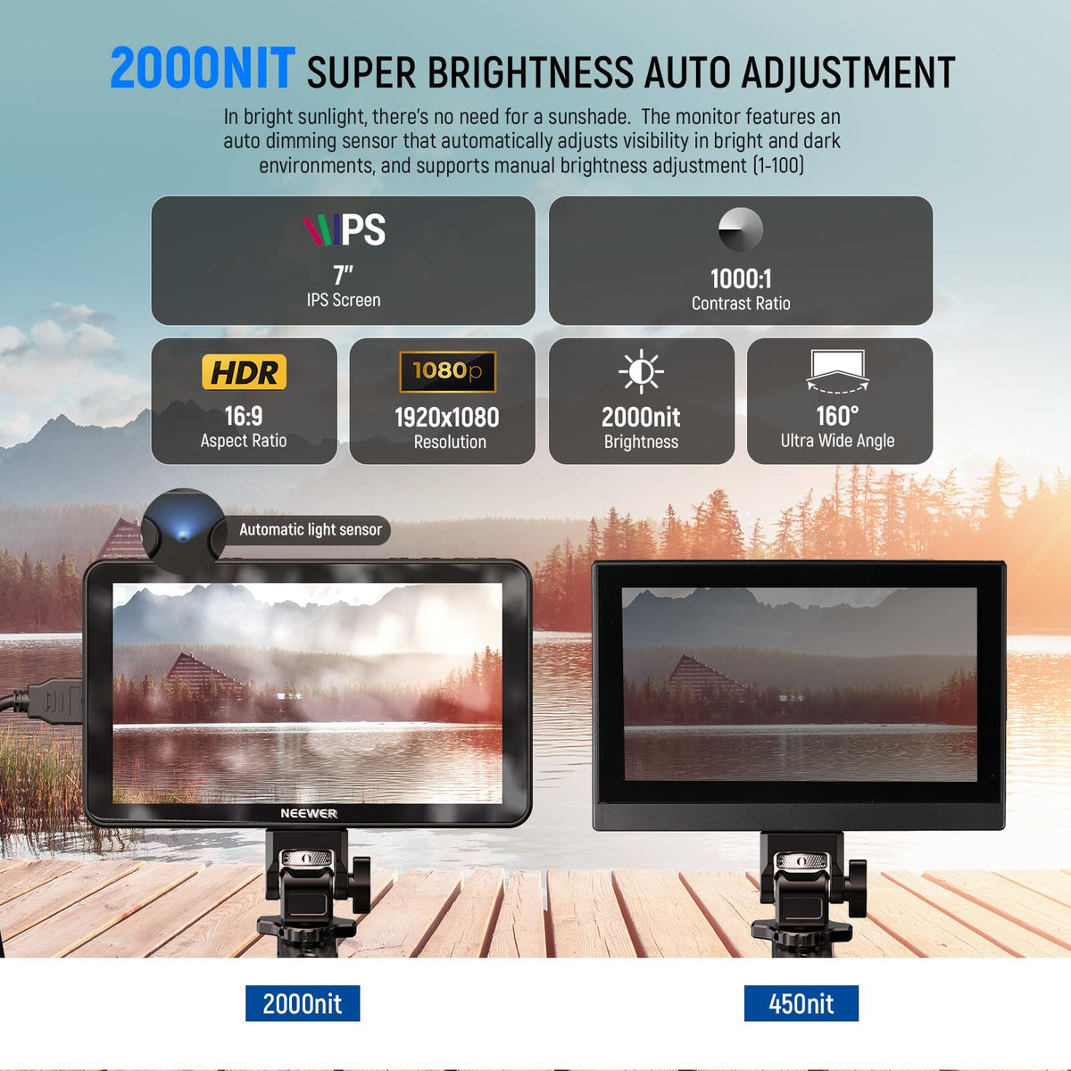 NEEWER F700 7" Camera Field Monitor, 2000nit HD 1920x1080 IPS Touch Screen 3D LUT, 4K HDMI Loop in/Out Peak Focus DSLR Video Assist HDR Waveform, Cold Shoe Mount, 2 NP-F750 Batteries, Cleaning Cloth
