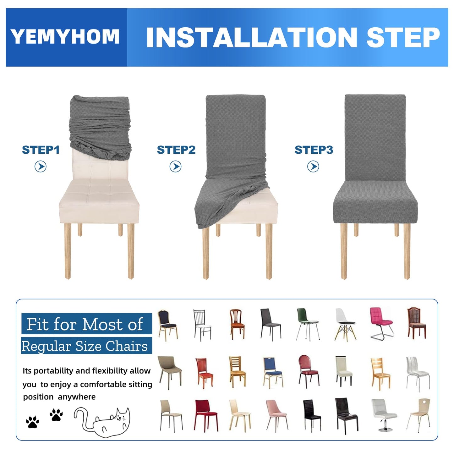 YEMYHOM 6 Packs Latest Checkered Dining Chair Slipcover Parsons Chair Furniture Protector Stretch Chair Covers for Dining Room, Restaurant, Kitchen, Party (Light Gray)