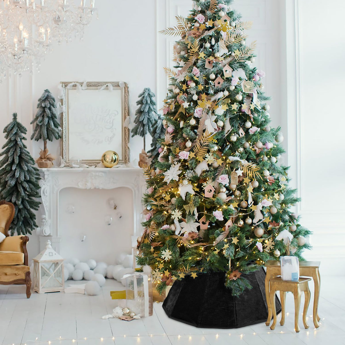 Black Velvet Christmas Tree Collar - Folable Tree Ring & Skirt for Artificial Trees - Base Stand Cover Decoration