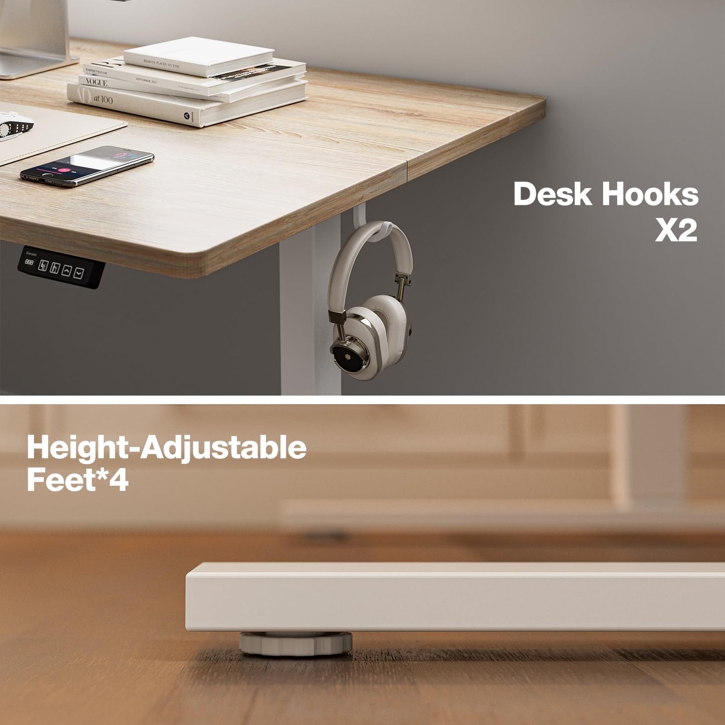 Grandder 55x32 Large Electric Standing Desk, Height Adjustable Computer Desk with 2 Memory Presets, 31.5" Deep Desktop Sit Stand Desk Home Office Desk Workstation Table with Hooks, Maple