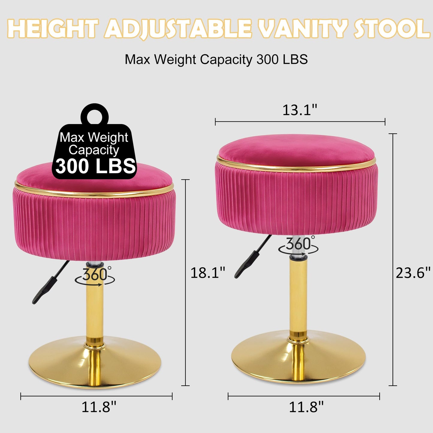 MRITWAII Adjustable Vanity Stool with Storage, 360° Swivel Makeup Stool Chair Small Velvet Round Ottoman with Gold Base for Bedroom (Hot Pink)