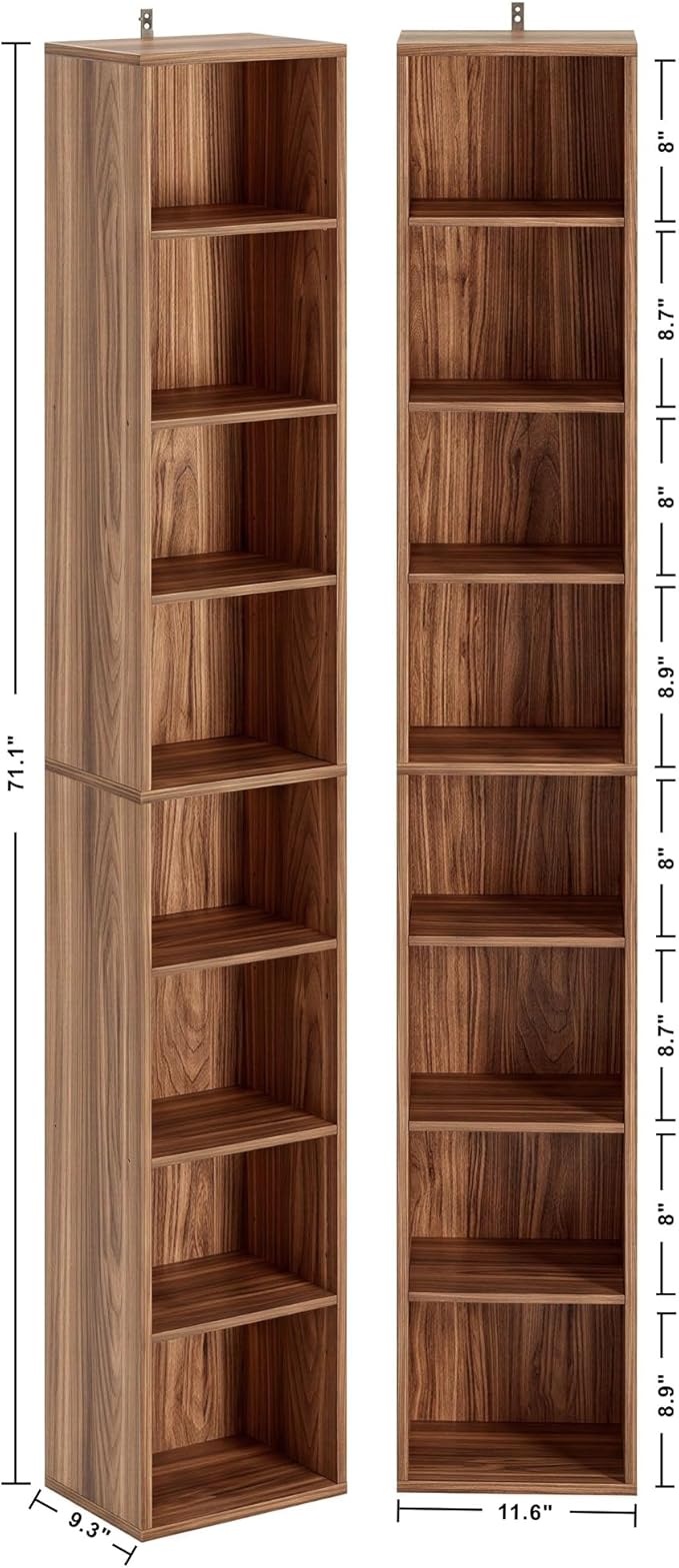 IRONCK Tall Narrow Bookshelf 8 Tiers 71in Set of 2, Compact Corner Bookcase