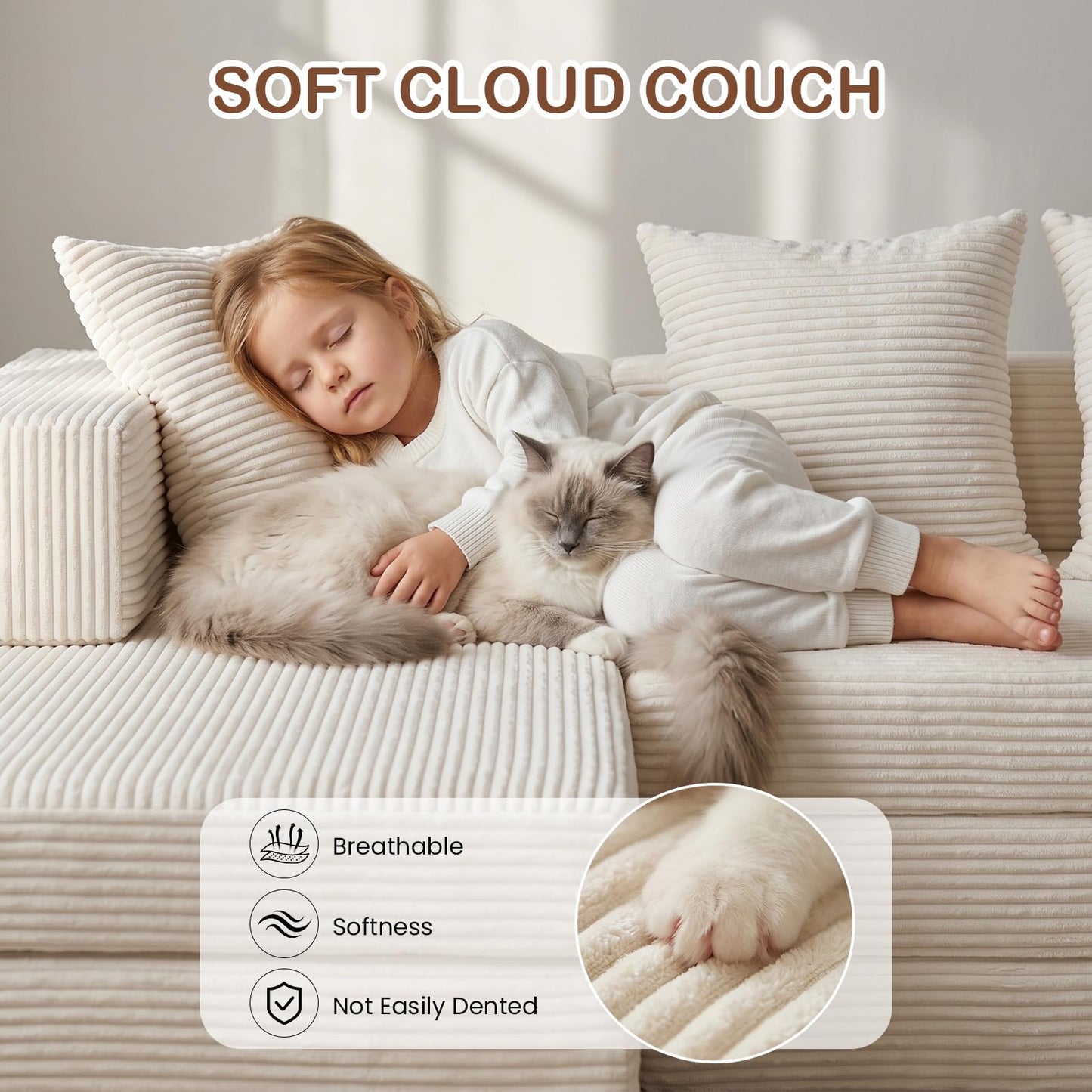 65" L Shaped Couch for Small Spaces, No Assembly Cloud Sectional Sofa with Deep Seat, Left Facing Chaise, 4-in-1 Modular 3 Seater Corduroy Couch for Apartment, Beige