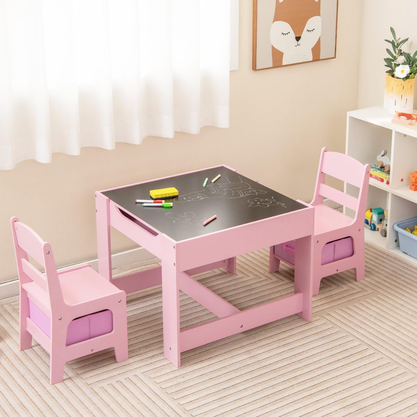 Costzon Kids Table and Chair Set, 3 in 1 Wooden Activity Table for Toddlers Arts, Crafts, Drawing, Reading, Playroom, Toddler Table and Chair Set w/ 2 in 1 Tabletop, Storage Space, Gift for Boy & Girl