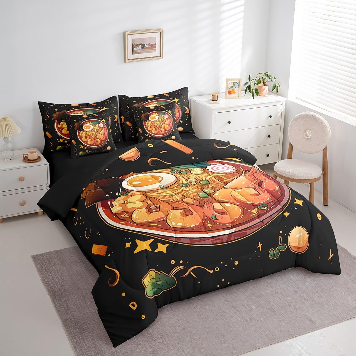 Erosebridal 7 Piece Ramen Noodle Queen Comforter Set,Japanese Anime Bedding Set Ramen Gifts for Kids Girls Boys,Funny Food Themed Bed Set with Fitted+Flat Sheet,Pillowcases,Throw Pillow Covers