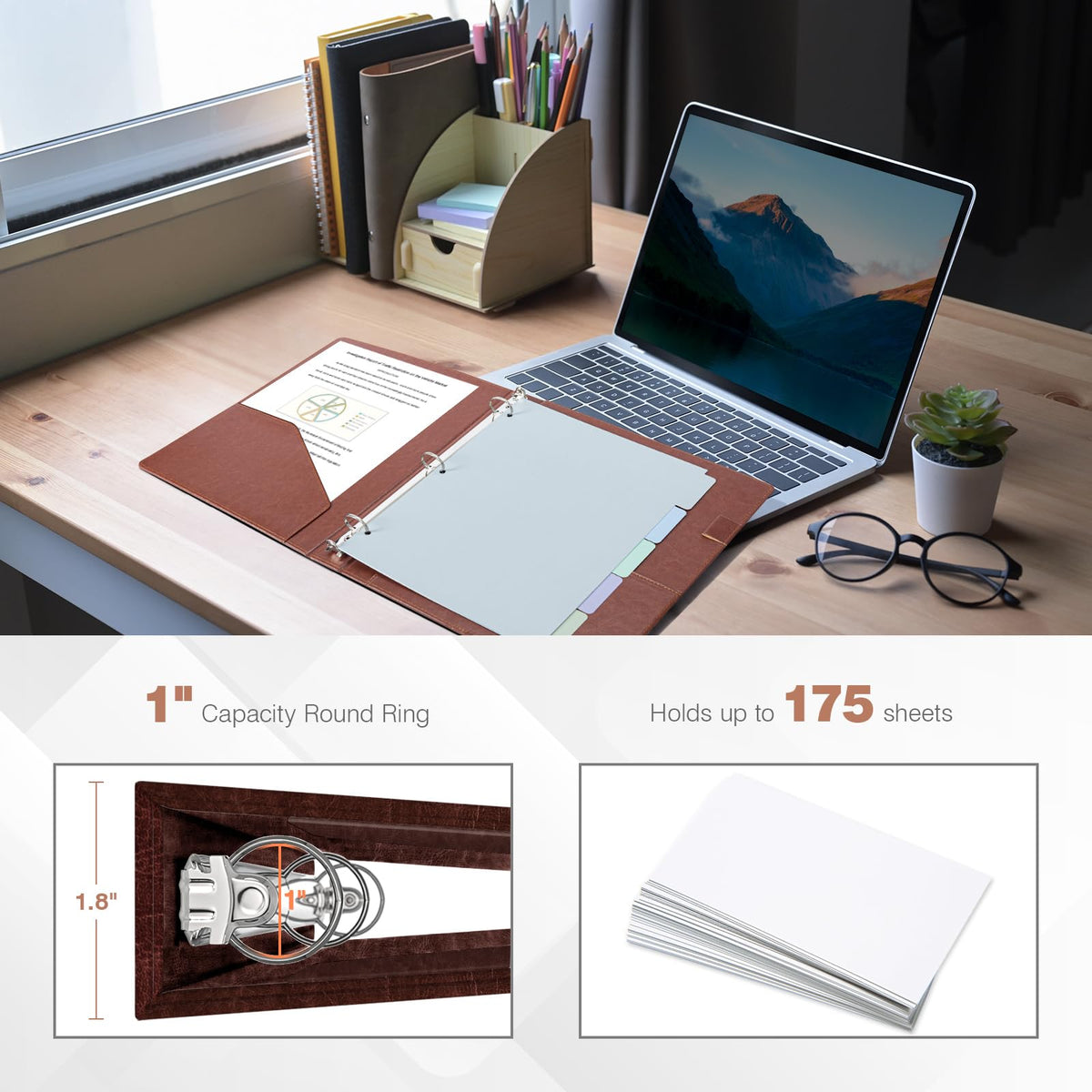 Ospelelf 3 Ring Binder with Clipboard, 1 Inch Leather, Brown, Letter Size (8.5" x 11"), 5 Tab Dividers