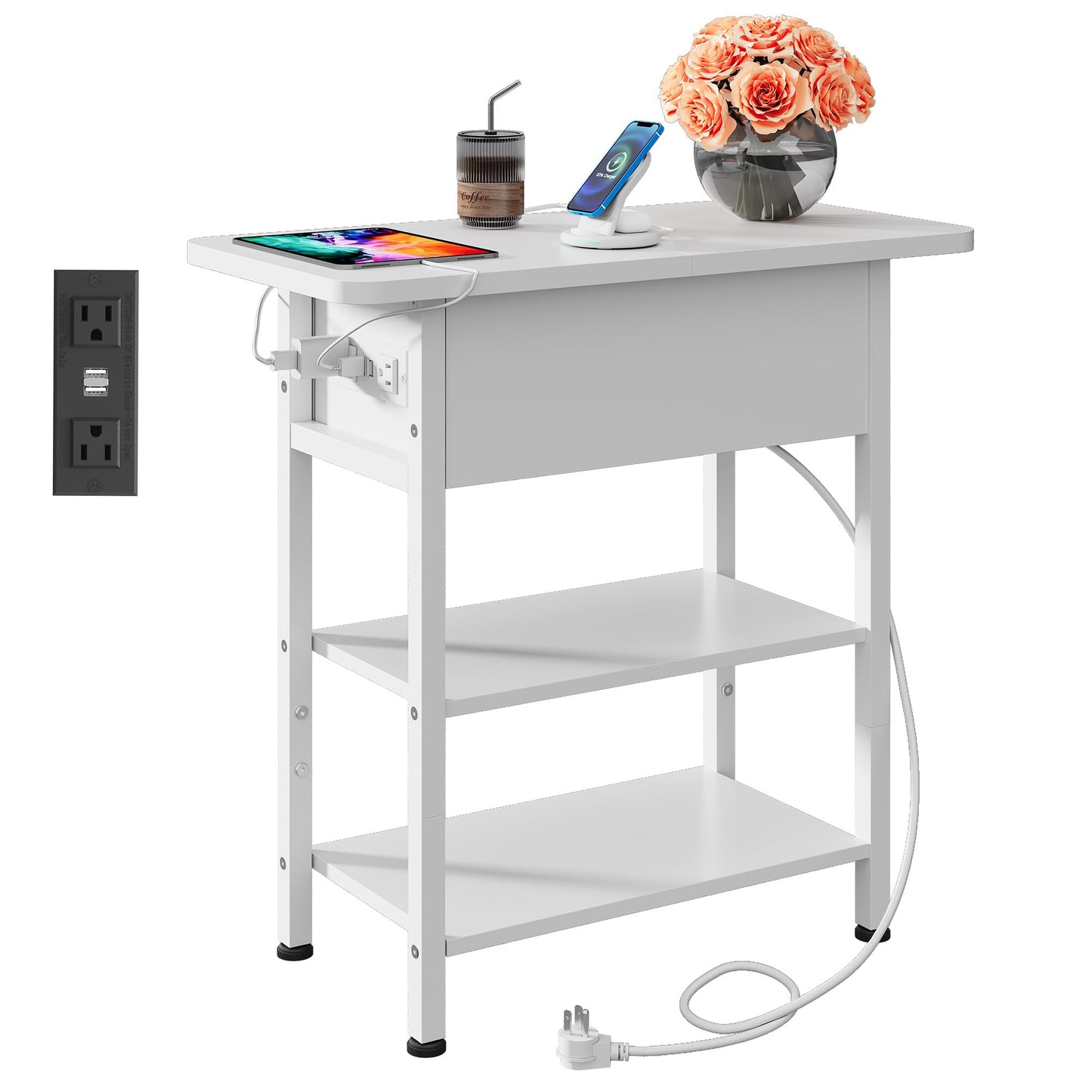 WLIVE End Table with Charging Station, Flip Top Side Table with Storage Shelf, Sofa Couch Table with USB Ports and Outlets, Narrow Bedside Table for Living Room, Bedroom ,11.81"D x 23.62"W x 24.33"H