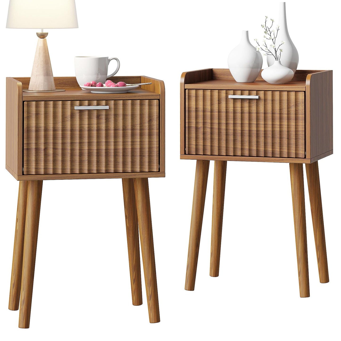 LAATOOREE Small Nightstands Set of 2, Side End Table, Bedside Table with Fluted Door, Solid Wood Feet; for Bedroom, Small Bed