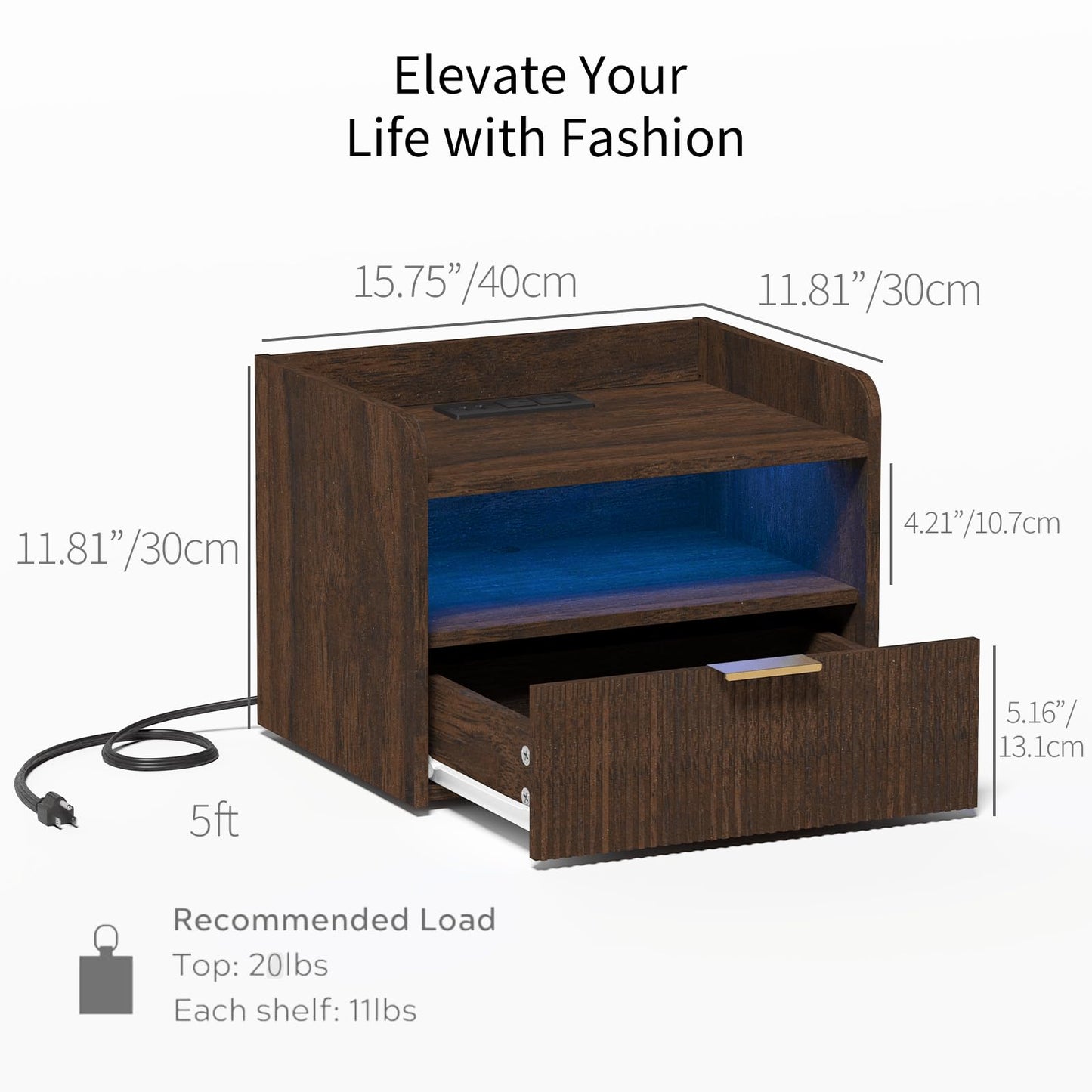Veegle Floating Nightstand with Charging Station and LED Lights (Walnut Brown)