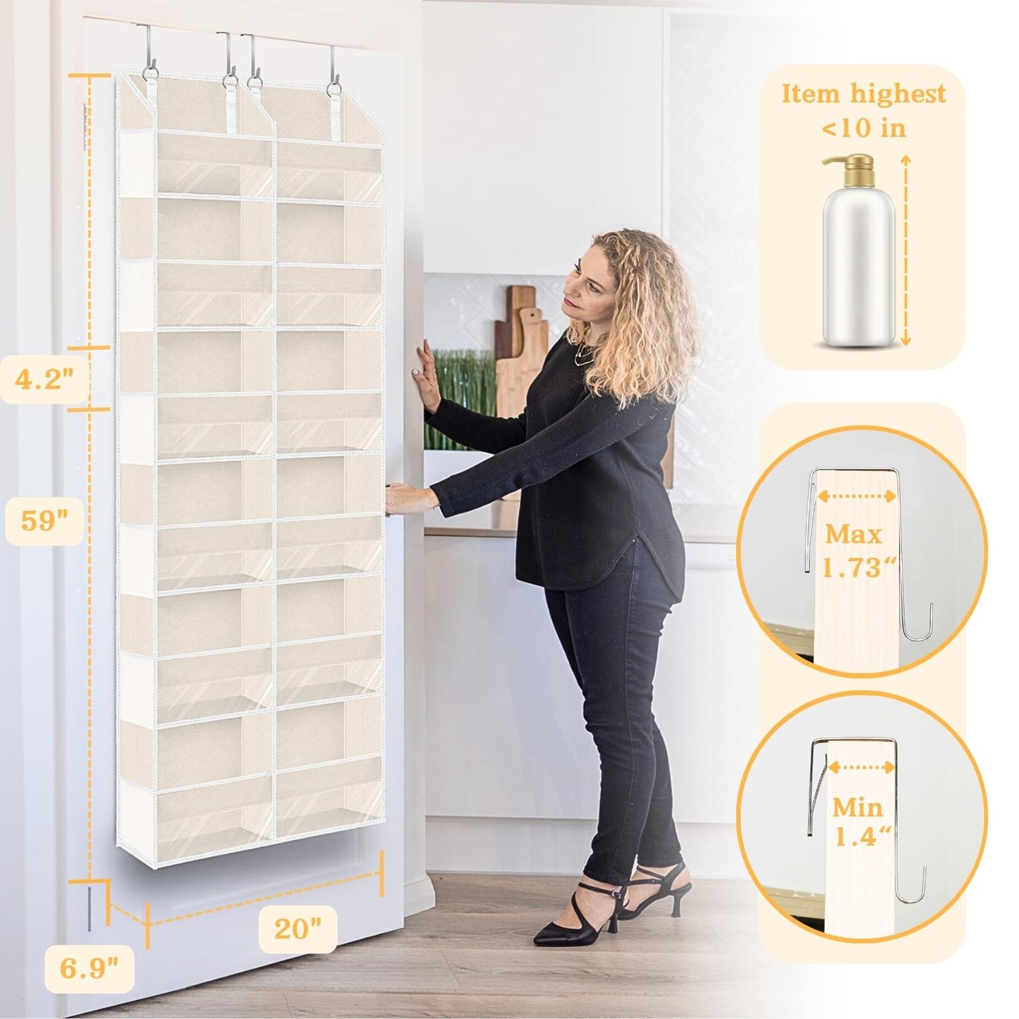 2 Pack Over The Door Organizer 6 Tiers, Extra Large Behind Door Storage of 12 Compartments, 80 lbs Weight Capacity Hanging Storage Organizer with Clear Window Kids Toys,Shoes (6 Tiers - Beige)