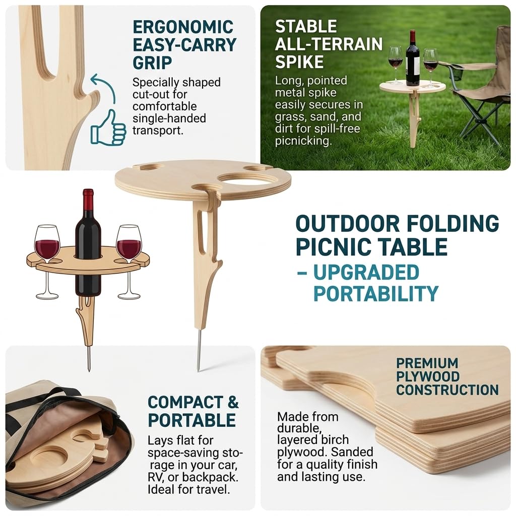 Portable Outdoor Wine Table with Removable Round Wooden Wine Rack, Ground Fixing Design, Comes with Storage Bag, Small Picnic Table for Wine Lovers, Ideal for Garden Lawn Beach, Easy to Carry & Store