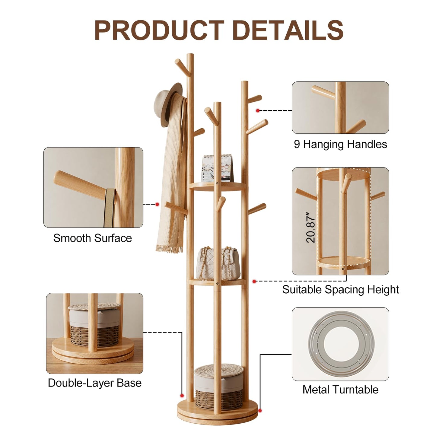 Muwuele Solid Wood Rotary Coat Rack, Freestanding Coat Rack with 3 Shelves and 9 Hooks, Coat tree for Bedroom, Entryway, Livingroom, Coat Hanger Stand for Coats, Scarves, Handbags (Natural)
