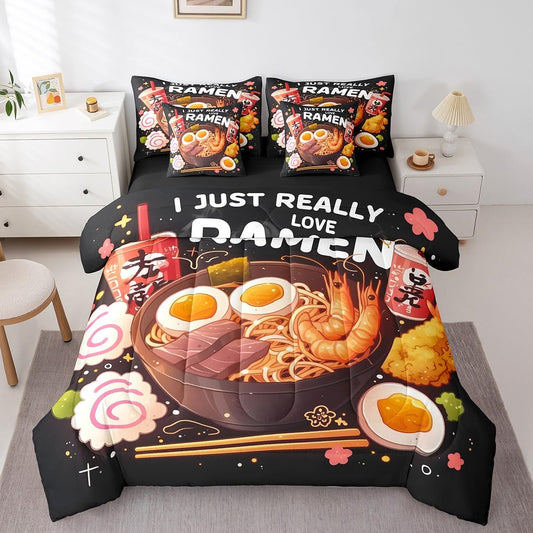 Erosebridal 7 Piece Ramen Noodle Queen Bedding Set,Japanese Style Anime Comforter Set with Sheets,Cherry Blossom Bed Set,Funny Food Themed Bed in a Bag Ramen Gifts for Kids Girls Boys Adults