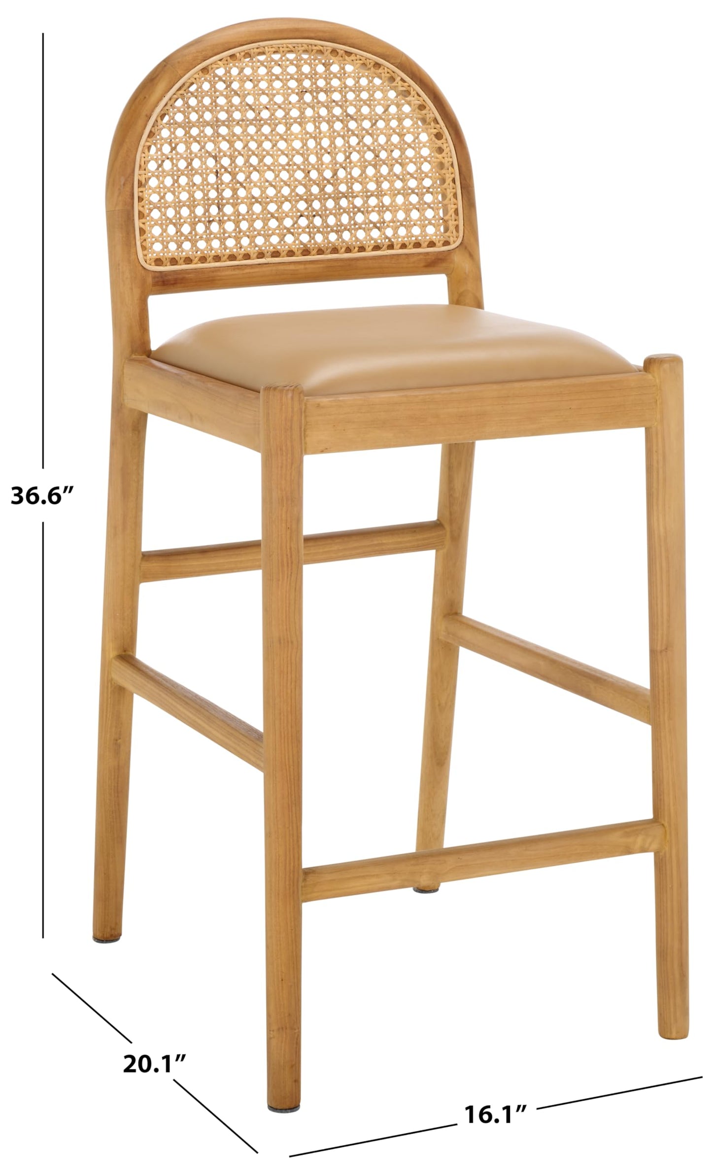 SAFAVIEH Couture Collection Laylie Tan/Natural Leather Solid Wood Rattan 26-inch Seat Height Kitchen Island Breakfast Nook Counter Stool (Fully Assembled)