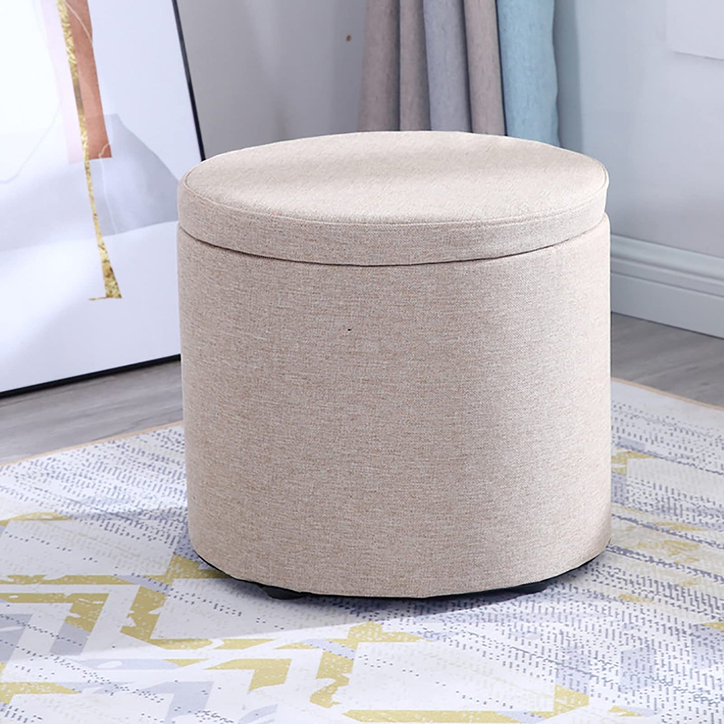 Storage Round Pouffe Stool,Ottoman Footstool,Dressing Table Stool Change Shoe Footrest Removable Lid for Living Room Bedroom,Khaki-S