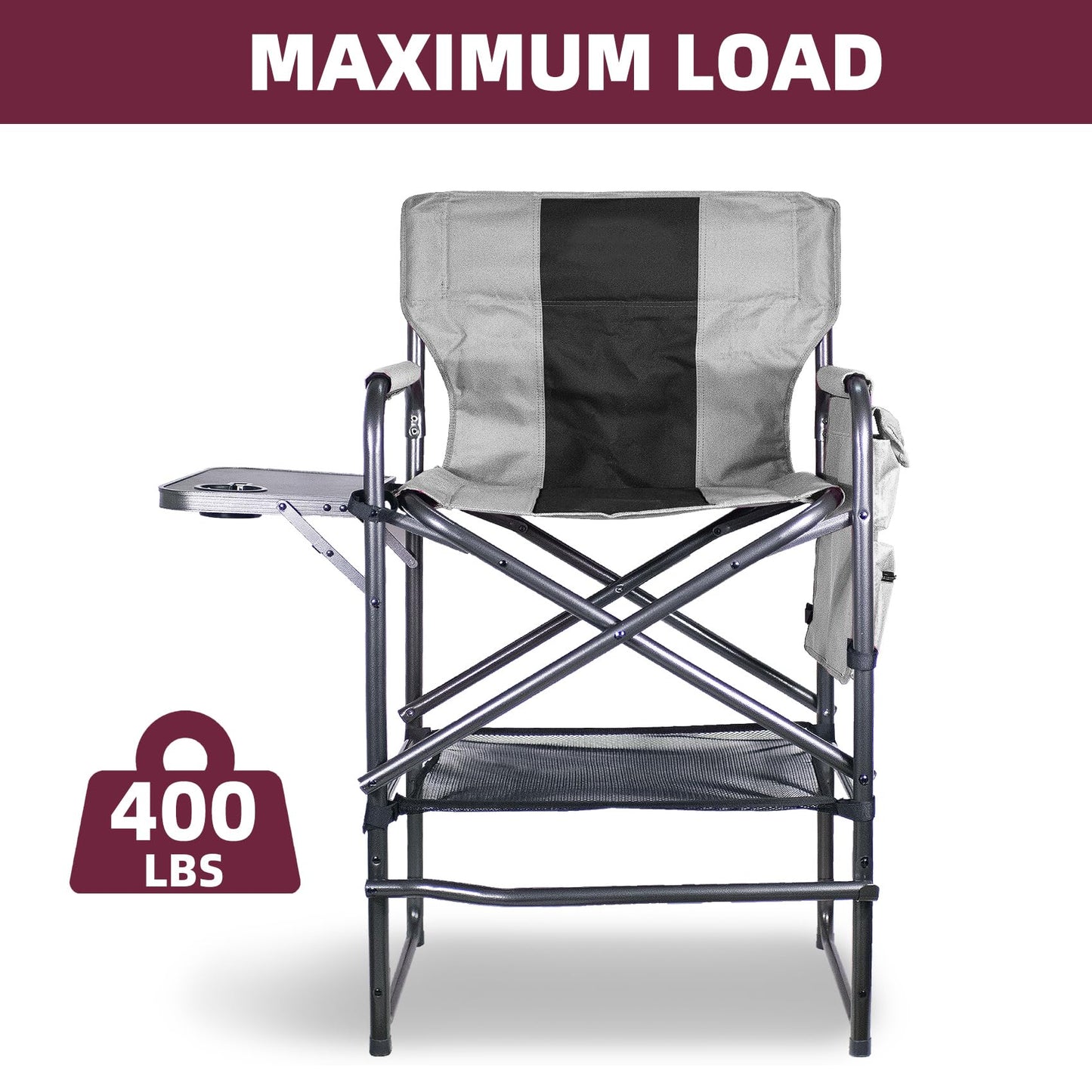 Foristrail 30" Tall Directors Chair with Side Table, 400LBS Bar Height Folding Camping Chair (Light Gray/Black)